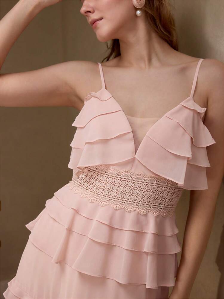 CONTRAST LACE RUFFLE DRESS
