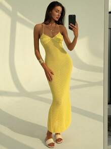 Aloruh Vestido sexy amarillo apretado sin espalda hecho a mano a ganchillo para mujeres, apto para vacaciones de primavera/verano - Amarillo - Ver 7