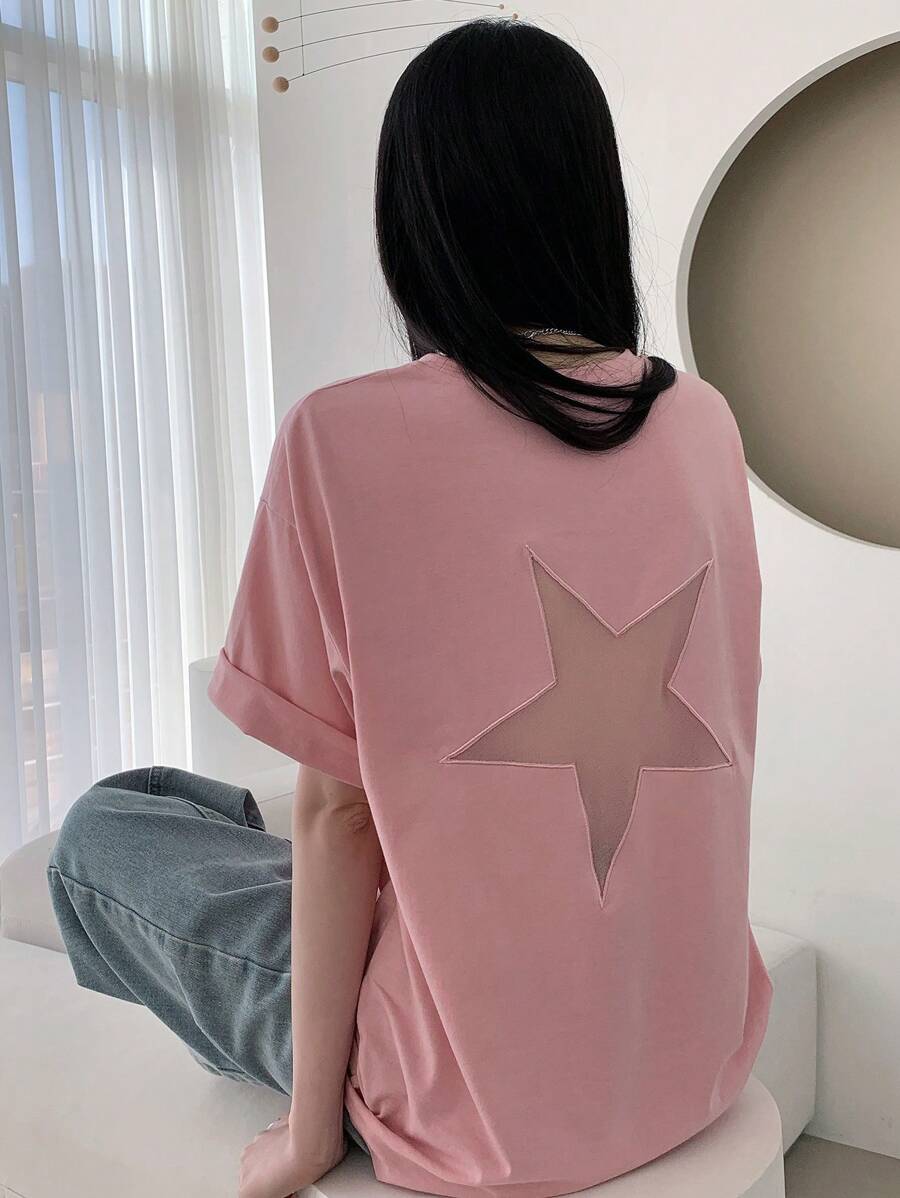 DAZY Star Pattern Round Neck Loose Fit Short Sleeve T-Shirt, Suitable For Daily Wear Graphic Tee Oversized T-Shirt - Baby Pink - View 1