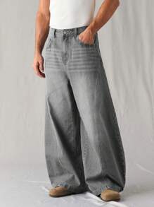 Chillumni Men's Light Blue Washed Loose Wide Leg Barrel Leg Jeans - Light Grey - View 6