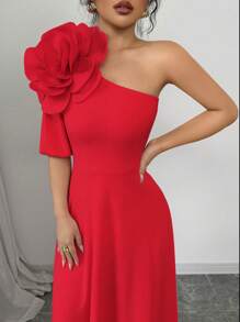 Rafferiza Women's Pink Asymmetrical Neck Dress With 3D Floral Detail, Asymmetric Sleeve Design, Fitted Waist, Maxi Length Loose - Red - View 3