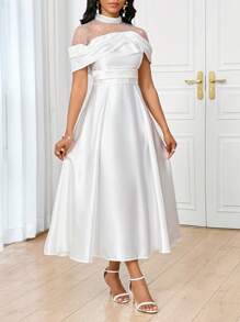 SHEIN Lady Vestido de satén blanco midi, de novia, elegante y para fiestas, con panel cuello perla y malla lentejuelada, apropiado para las cuatro estaciones
