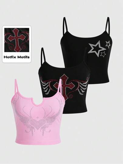 Goth Set de 3 piezas de top de camiseta con decoración de diamantes de imitación con diseño de estrella, cruz y corazón en estilo Y2K, talla grande