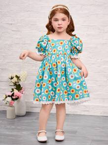 SHEIN Young Girl Ditsy Floral Puff Sleeve Fitted Mini Dress