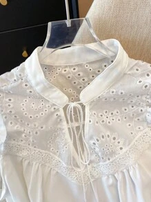 SHEIN LUNE Plus Size Women Solid Color Embroidered Tassel Tie Neck Cap Sleeve Blouse - White - View 6