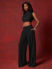NYA SZN Casual Commute Solid Color Pleated Wide Leg Pants - Black - View 3