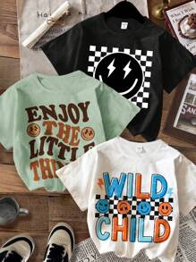 SHEIN Leap Crew 年轻男孩休闲简约圆领短袖T恤，适合夏季