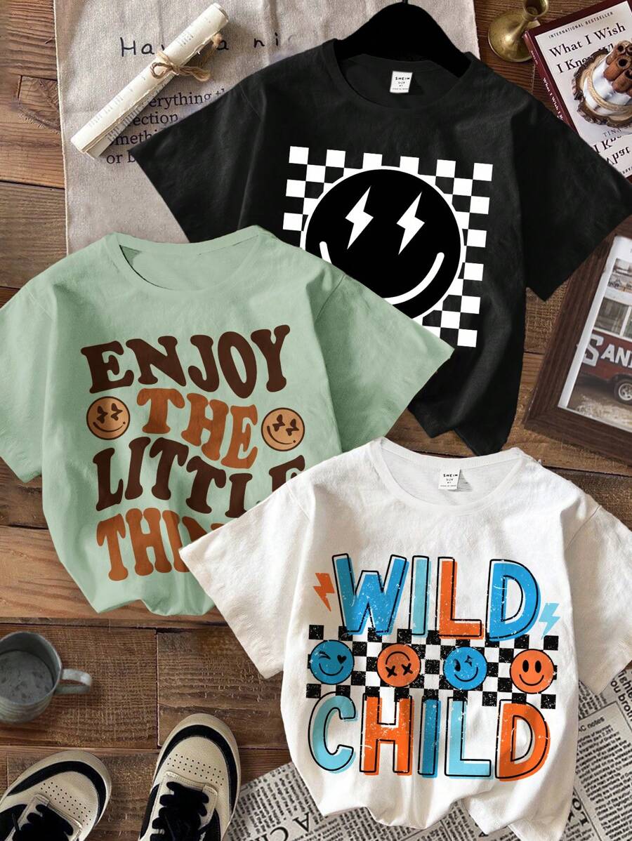 SHEIN Leap Crew 年轻男孩休闲简约圆领短袖T恤，适合夏季