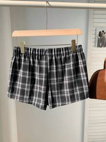 Comfortcana Women's Casual Plaid Elastic Waist Shorts, Summer - Black and White - View 3