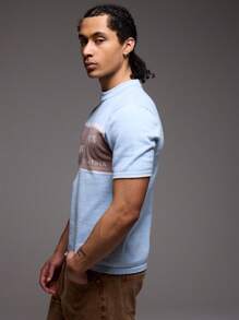 Knit Zip Front Contrast Panel "Musero" Slogan Short Sleeve Top - Baby Blue - View 3