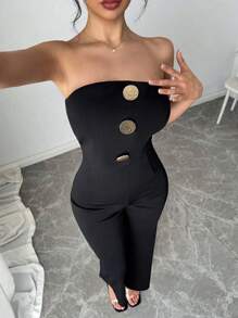 INAWLY Fashion Commuter Metal Buckle Decor Jumpsuit