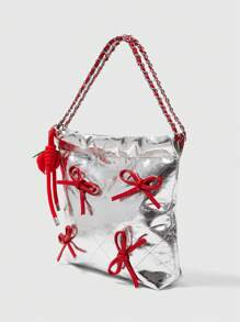 ROMWE Kawaii Fashionable Shiny PU Color-Blocking Bow Decor Drawstring Shoulder Bag For Women - Silver - View 2