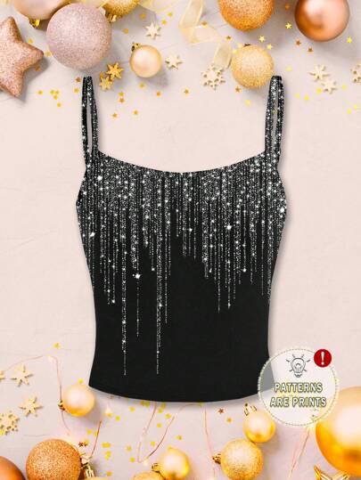 SHEIN EZwear 女士休闲简约闪光图案印花性感吊带背心