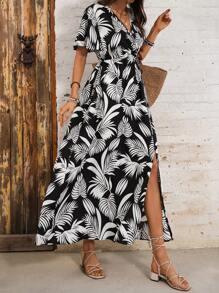 SHEIN Clasi Women's Vacation Style Short Sleeve V-Neck Dress With Leaf Print Maxi Women Outfit - Multicolor - View 3