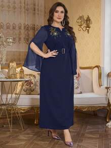 Modelyn Vestito taglie forti con scollo a V, in chiffon e maglia, patchwork, ricamato, a campana, con laccio in vita, elegante e snellente