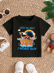 Young Boy Casual Minimalist Pattern Short Sleeve Round Neck T-Shirt, Suitable For Summer - Black - View 3