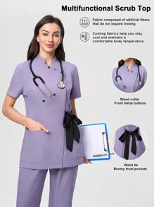 Scrubzie Anti-Wrinkle Stand Collar Long Contrast Color Tie Waist Women's /Nursing Scrub Uniform Top - Purple - View 1