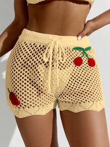SHEIN Swim Women's Cherry Pattern Cover-Up Shorts Set For Vacation For Summer - Yellow - View 6