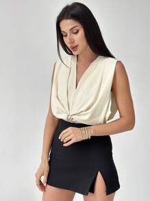 Firerie Women's Elegant Simple Refined Romantic Office Commute Daily V-Neck Metal Buckle Decor Pleated Sleeveless Apricot Blouse, Spring/Summer - White - View 5