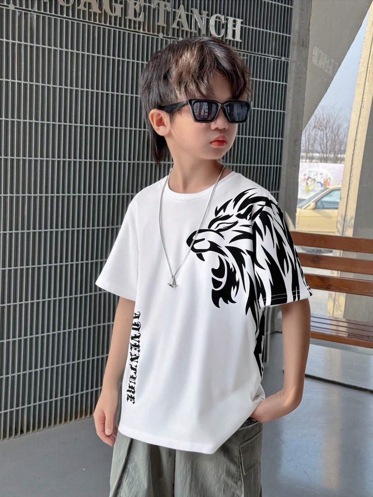 SHEIN T-shirt graphique avec lion et lettres pour pré-adolescents, tricot décontracté 6