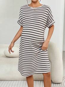 SHEIN Pregnant Women Striped Round Neck Short Sleeve Straight Casual Loose Midi Dress - Black - View 4