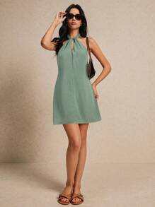 Poéselle Women's Sage Green Elegant Summer Mini Linen Dress,Backless Bowknot Resort Dress,Breathable Strapless Neckline Vacation Outfits For Hot Summer Days - Mint Green - View 3