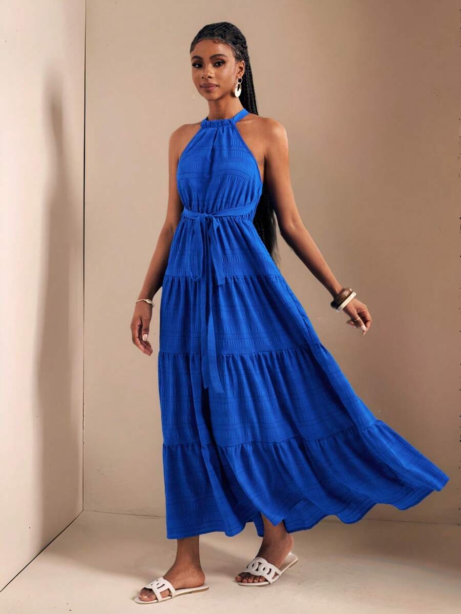 Slaydiva Beach New Spring And Summer Casual Vacation Daily Date Halter Neck Strap Back Cross Strap To Waist Bow Strap Multi-Layer Splicing Hem Klein Blue Plaid Texture Woven Fabric Women's Maxi Dress-B