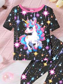 SHEIN 2 件装少女可爱独角兽印花彩色星星夜光撞色圆领针织弹力贴身睡衣上衣和裤子睡衣套装 - 彩色 - 查看 5
