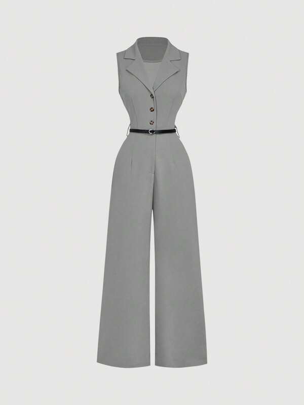 SHEIN MOD Vintage Brown Jumpsuit With Suit Collar And Belt, Elegant Jumpsuit, Going Out Jumpsuit, Western Jumpsuit,Holiday Outfits