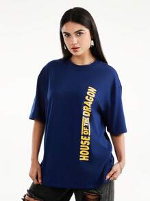 HOUSE OF THE DRAGON X SHEIN Men's Summer Casual Dragon & Letter Graphic Short Sleeve T-Shirt - Navy Blue - View 4