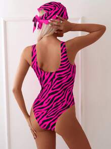 2pcs/Set Women's Colorful Zebra Print One-Piece Swimsuit With Matching Printed Mesh Sun Hat, For Summer Beach Holiday - Multicolor - View 2