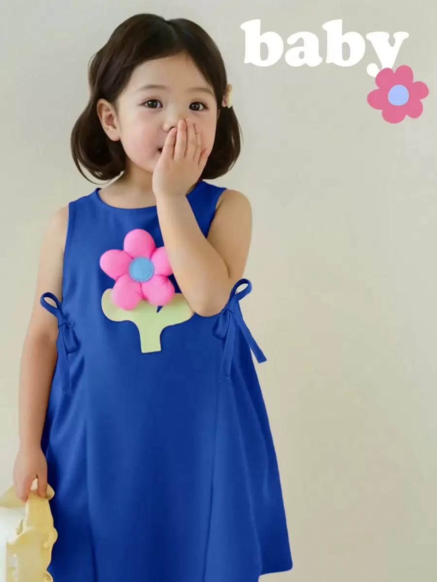 SHEIN Leap Crew 女婴夏季可爱粉色花卉印花连衣裙 - 藍色 - 查看 1