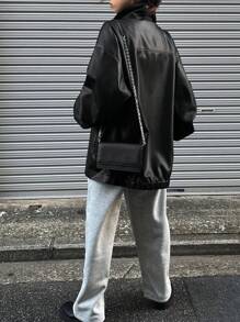FRIFUL 女士纯色落肩长袖PU皮宽松休闲常规夹克，秋季女式外套 - 黑色 - 查看 5