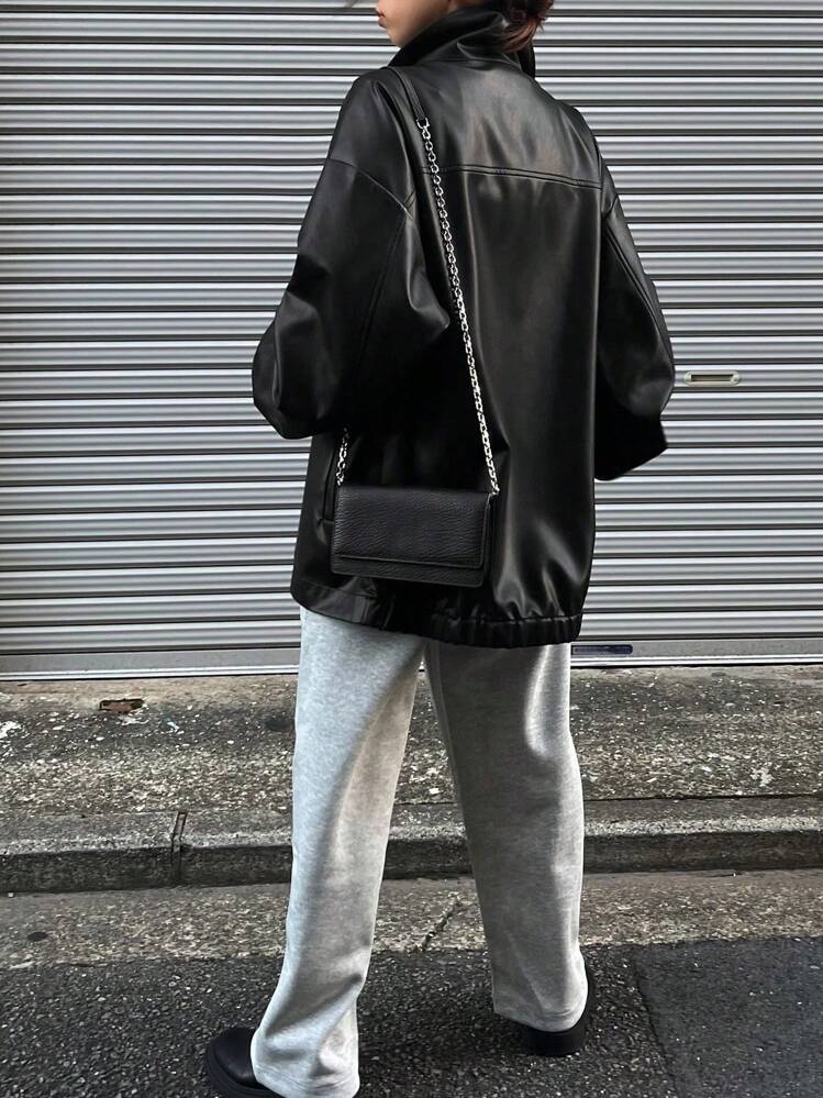 FRIFUL معطف نسائي بأكمام طويلة وياقة مستديرة من الجلد الصناعي بلون أحادي، فضفاض وكاجوال، معطف نسائي للخريف - الأسود - مشاهدة 5