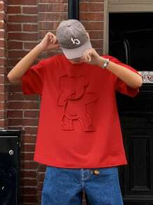 SHEIN Tween 男童休闲熊压花短袖落肩 T 恤，适合夏季 - 紅色 - 查看 1