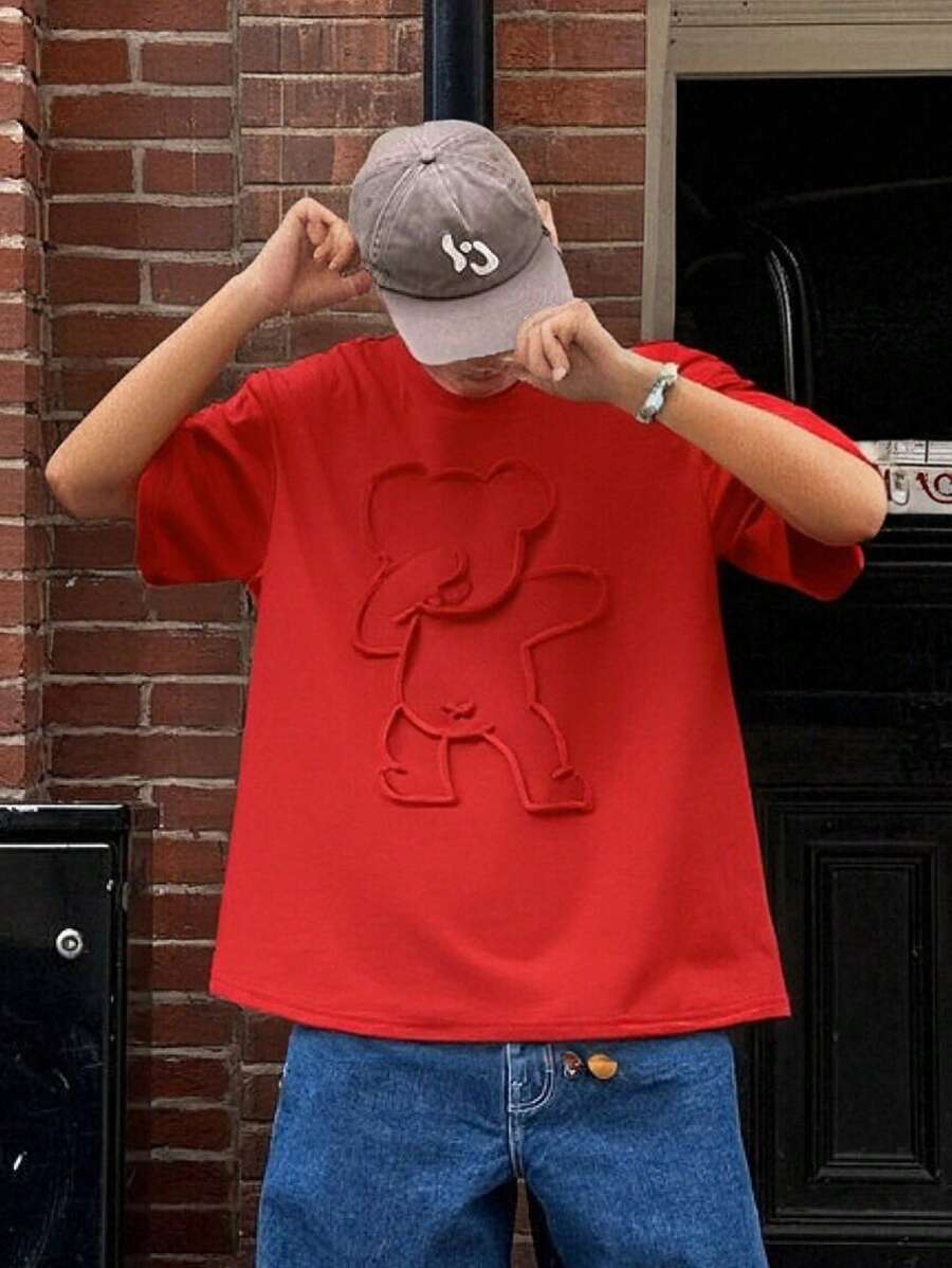 SHEIN Tween 男童休闲熊压花短袖落肩 T 恤，适合夏季 - 紅色 - 查看 1