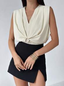 Firerie Women's Elegant Simple Refined Romantic Office Commute Daily V-Neck Metal Buckle Decor Pleated Sleeveless Apricot Blouse, Spring/Summer - White - View 8