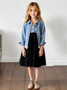 SHEIN 2pcs Young Girl' Spring Casual Denim Jacket And Knit Panel Denim Dress Set, Young Girl Formal Dress - Blue - View 3