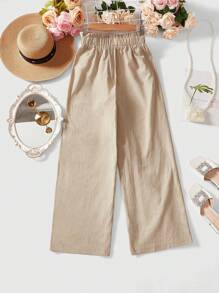 SHEIN LUNE Quần ống rộng màu mơ cho nữ có viền bèo nhún và eo chun, mùa thu - Màu be - Xem 2