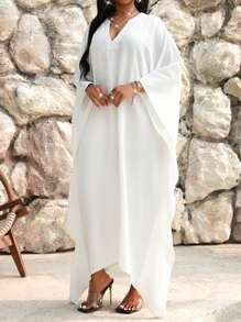 SHEIN Lady Spring And Summer Elegant Commuting Office Casual Boho Casual Outing White Woven V Neck Flounce Tunic Dress Long Three Quarter Length Sleeve Plus Size Dresses Plus Size Abayas Modest Dress Abaya Dress Summer Outfits For Women Summer Dresses For Women Elegant Dresses For Women Elegant Vacation Outfits Women Vacation Vacation Dress Boho Women Clothing Classy Outfits For Women Old Money Resort Wear Women White Dresses