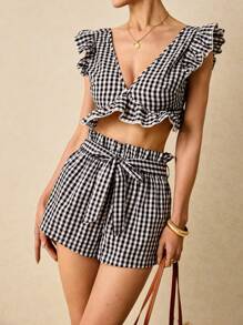 Poéselle Gingham Ruffle Trim Tie Back Top & Paperbag Waist Belted Shorts Set - Black and White - View 4