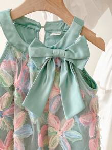 SHEIN Leap Crew Young Girl Solid Color Splice Mesh Floral 3D Round Neck Sleeveless Dress - Multicolor - View 6