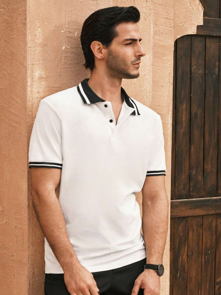 Manfinity VCAY Áo sơ mi nam sọc sọc có nút lên áo sơ mi polo công sở màu trắng thông thường - trắng - Xem 1