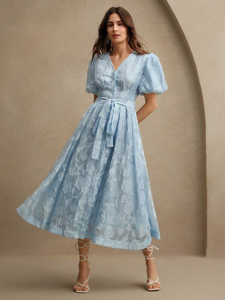 Women's Elegant Romantic V-Neck Puff Sleeve Cinched Waist Lace Trim Flare Hem Dress, Suitable For Dates, Banquets, Spring Outfits, Summer Clothes, Festivals, Holidays, Casual, Vacation
