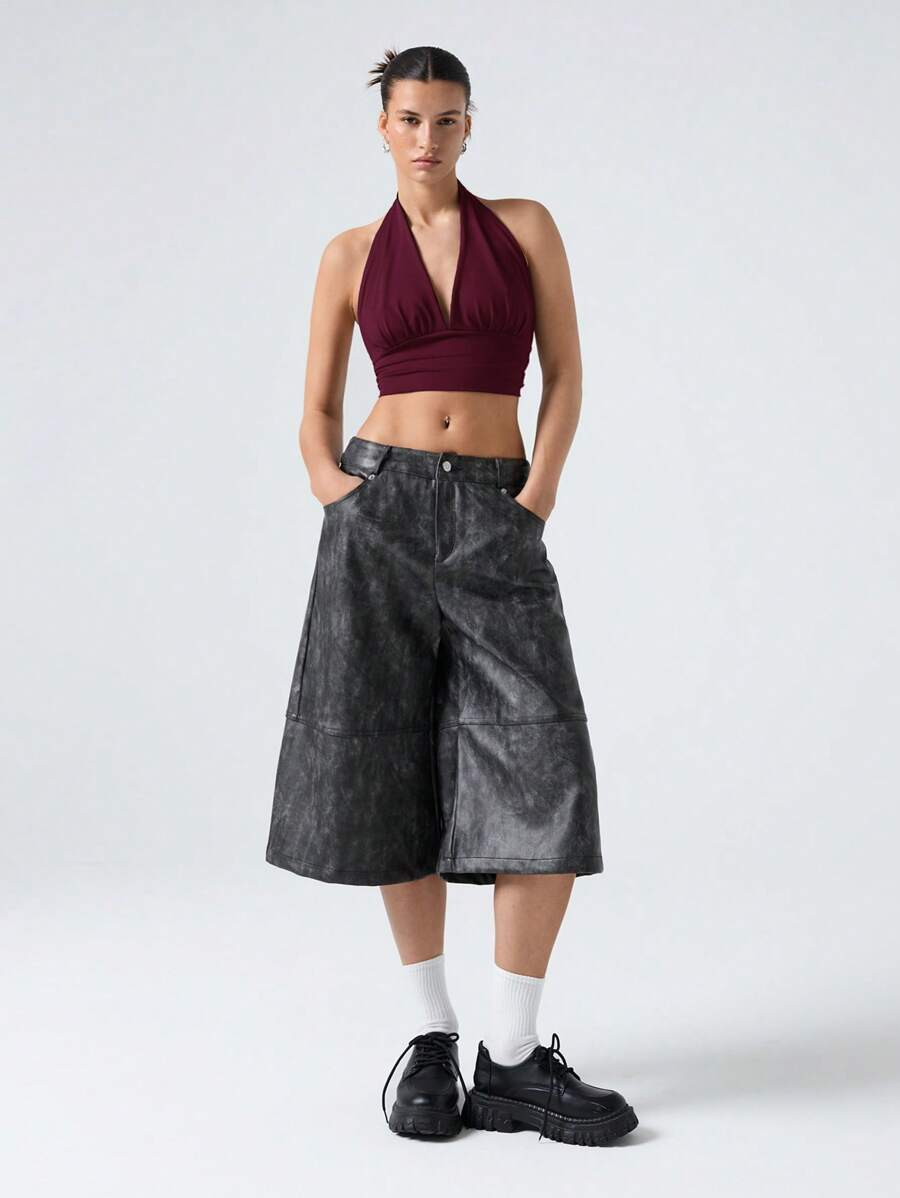 LYSMO 1pc Women Deep V-Neck Pleated Cropped Fitted Sexy Halter Tank Top - Red Violet - View 1