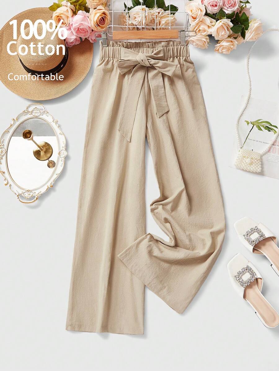 SHEIN LUNE Quần ống rộng màu mơ cho nữ có viền bèo nhún và eo chun, mùa thu - Màu be - Xem 1