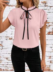 SHEIN Clasi 修身女士撞色短袖衬衫夏季女教师女士领口衬衫乡村女士夏季女装 - 粉色 - 查看 4