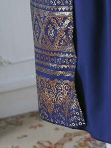 2pcs/Set Young Girl Foil Floral Print Sleeveless Jacket And Dress Set - Royal Blue - View 5