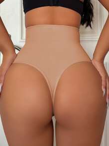 Women High Waist Slimming Pants, Button Front G-String Panties - Khaki - View 2