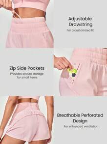 GLOWMODE VitalSwift Ultra High-Rise Elastic Waist Ventilated Back Adjustable Drawstring Sports Shorts With Built-In Shorts Medium Impact Running Jogging Training Gym Workout - Pink - View 4